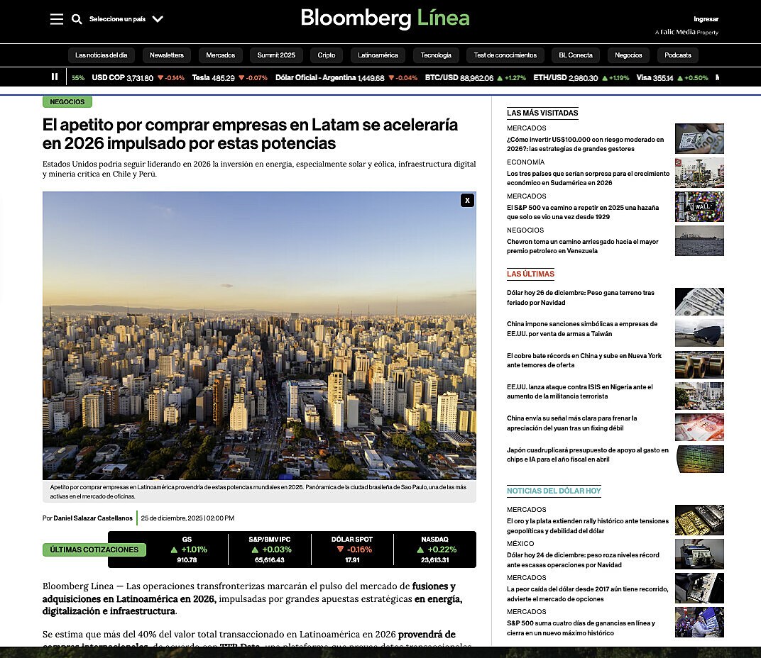 El apetito por comprar empresas en Latam se acelerar�a en 2026 impulsado por estas potencias